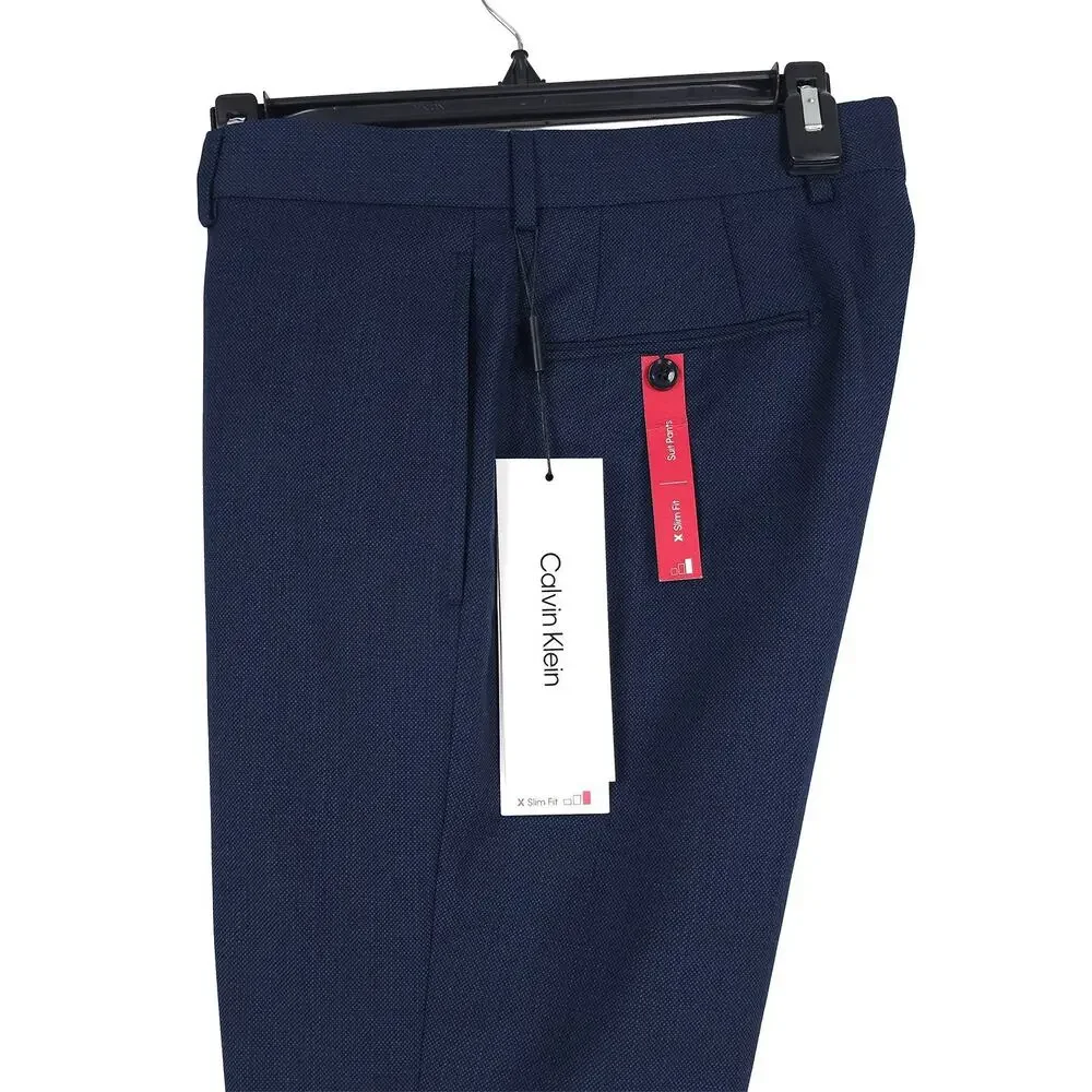 Calvin Klein Mens Slim Fit Suit Pants 32x30 Navy Blue Birdseye Wool Stretch NWT